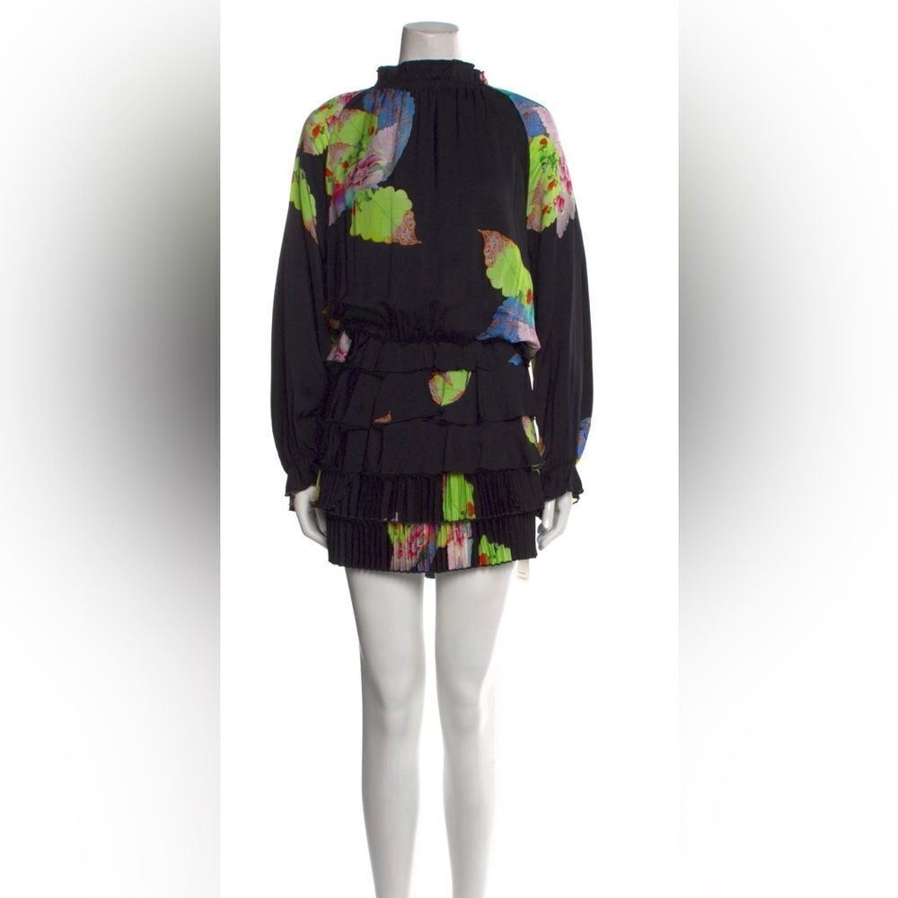Cynthia Rowley Shift Dress Black Floral Print Pleated Ruffle Accents Long Sleeve